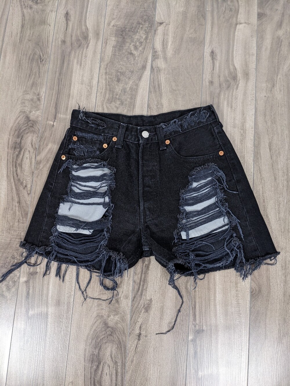 Levi's Women's Extremely Distressed Black Shorts Button Fly Size 26